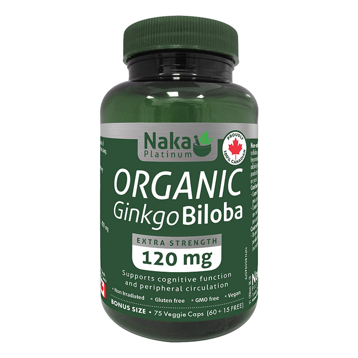 Organic Ginkgo Biloba Extra Strength 120mg 75 Capsules Naka