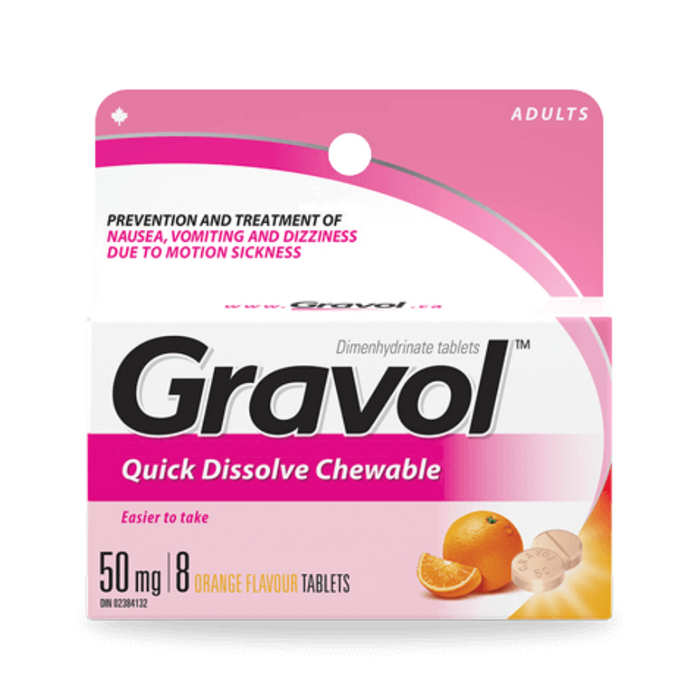 Gravol Quick Dissolve Chewable 50mg 8 Orange Flavoured Tablets