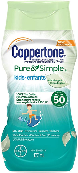 Coppertone Pure & Simple Kids 100% Zinc Oxide Mineral Sunscreen 50SPF 177ml