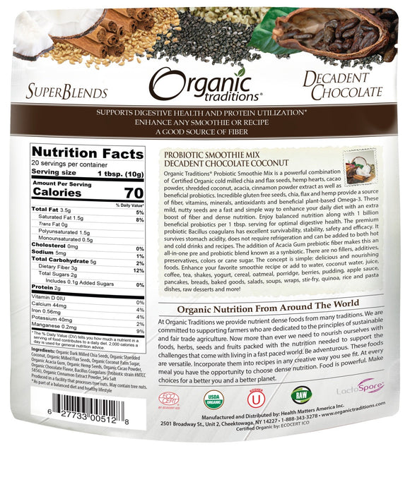 Probiotic Smoothie Mix Decadent Chocolate Coconut Organic Traditions