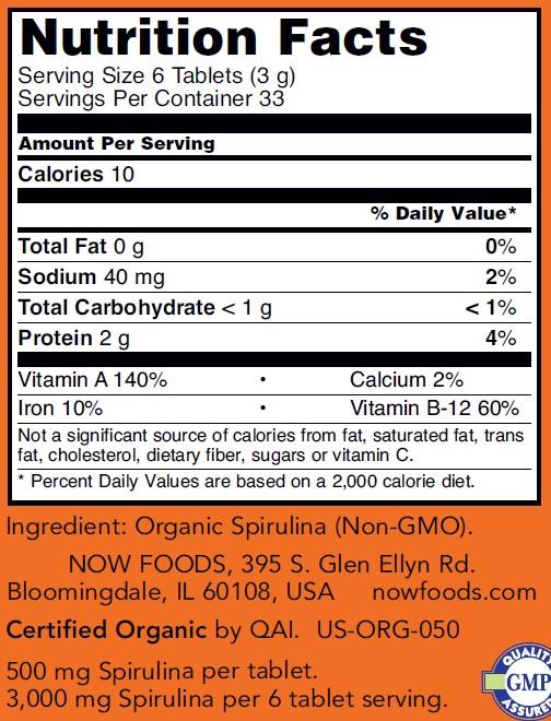 Organic Spirulina 500mg Now Foods